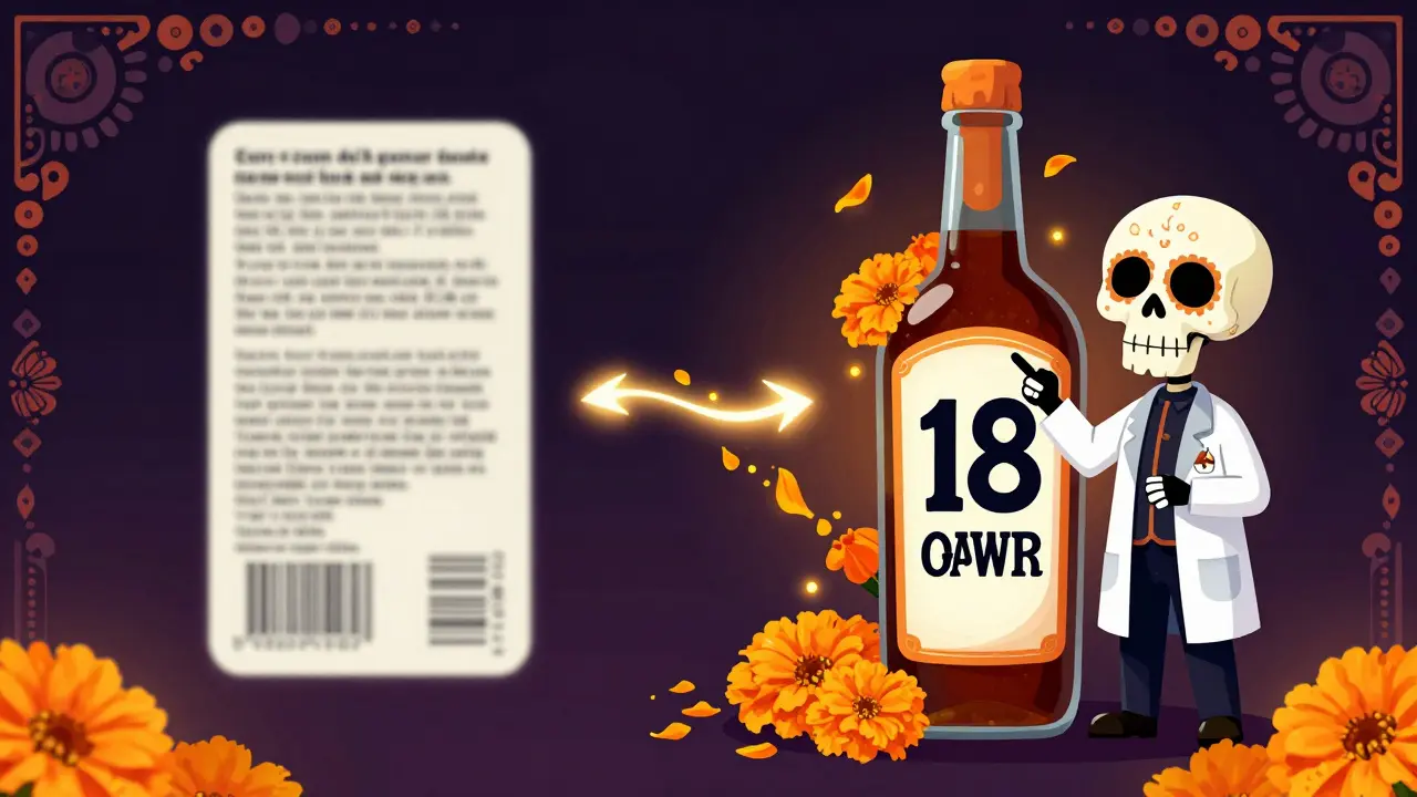 A split image shows confusing small print versus clear large print labels, guided by a skeleton pharmacist under marigold petals.