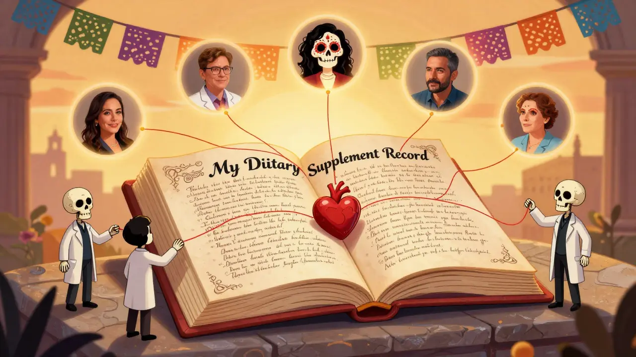 An open book titled 'My Dietary Supplement Record' on an altar, surrounded by floating portraits and guiding threads to a glowing heart.