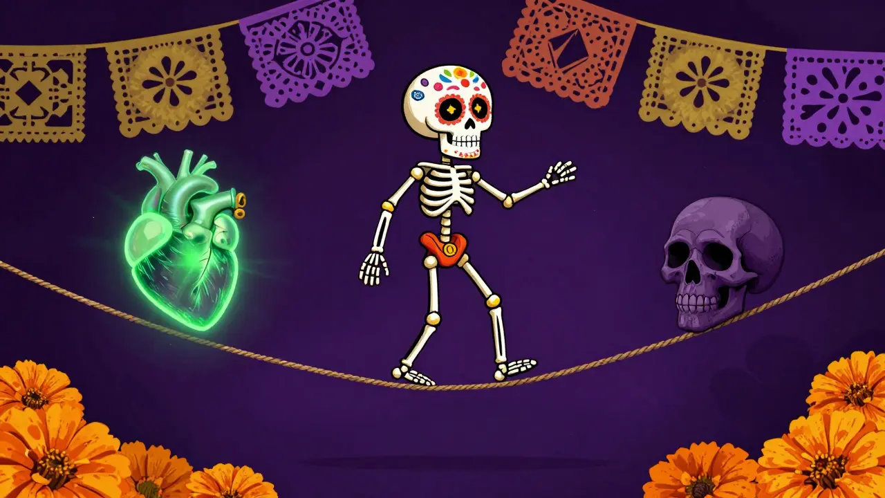 Calavera walks thin tightrope between heart and skull, colorful art