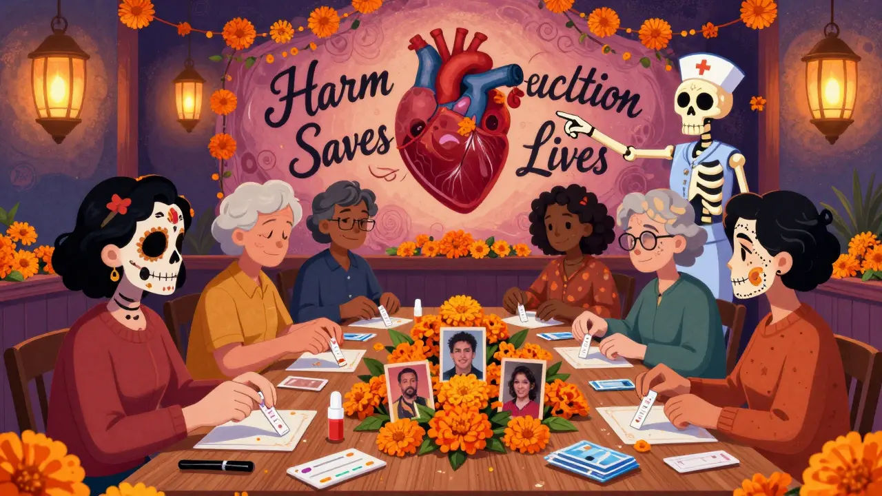 Community members place harm reduction tools on an ofrenda with photos of loved ones, under a mural that reads 'Harm Reduction Saves Lives'.