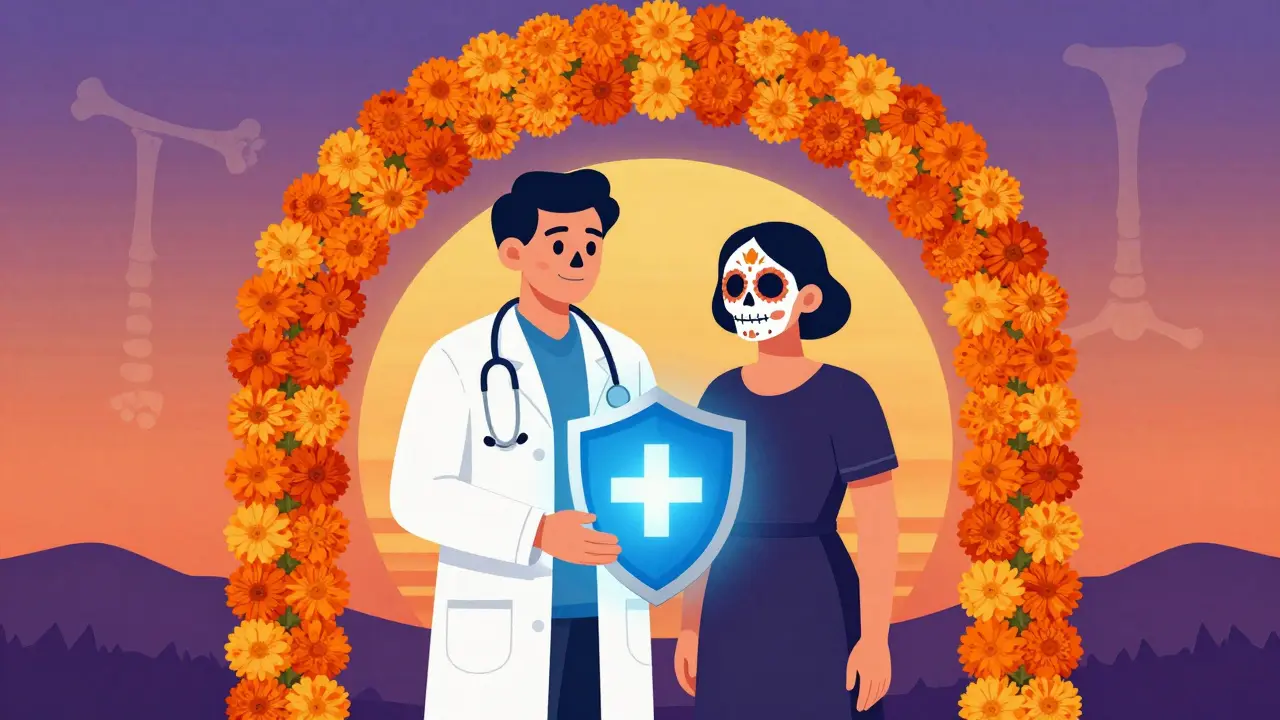 Doctor and patient holding hands under marigold archway