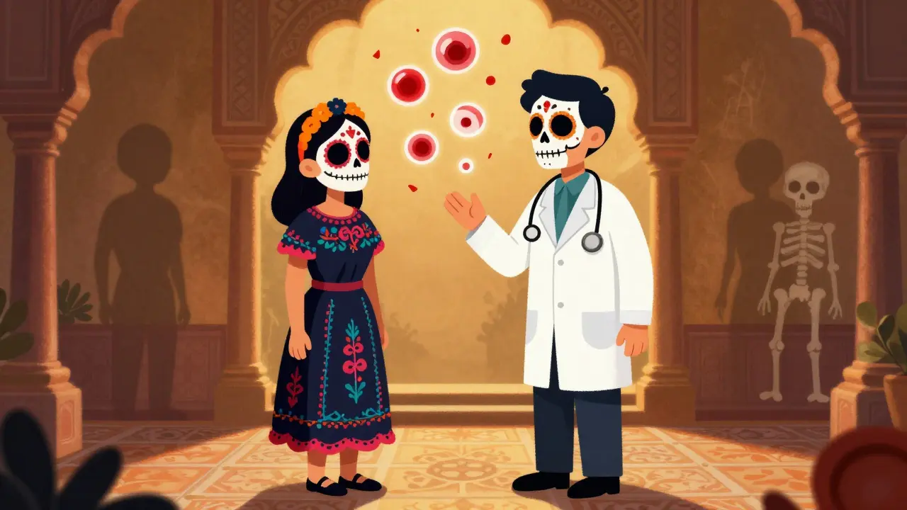 Doctor and patient standing together with floating blood cell symbols around them.