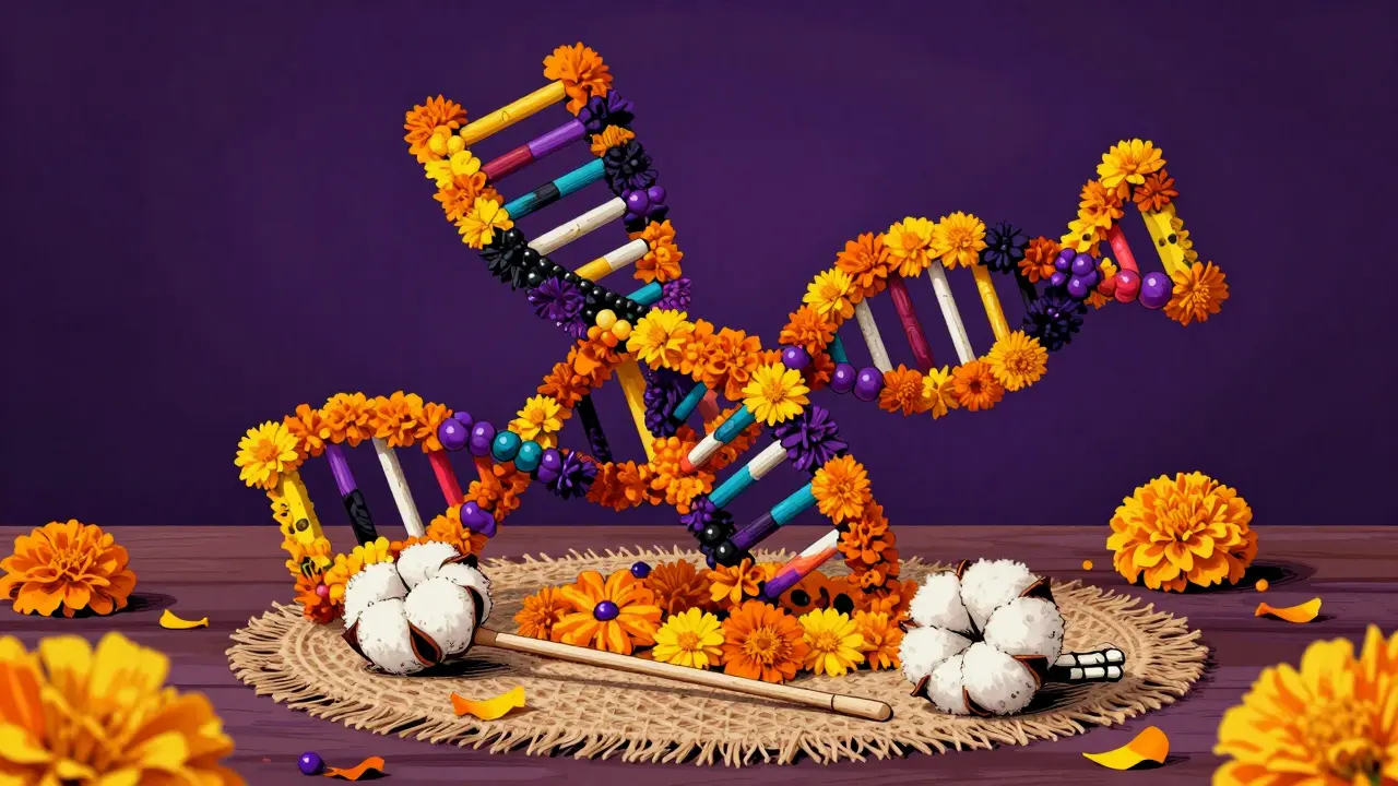 Floral DNA strand model next to genetic testing swab on textile surface.