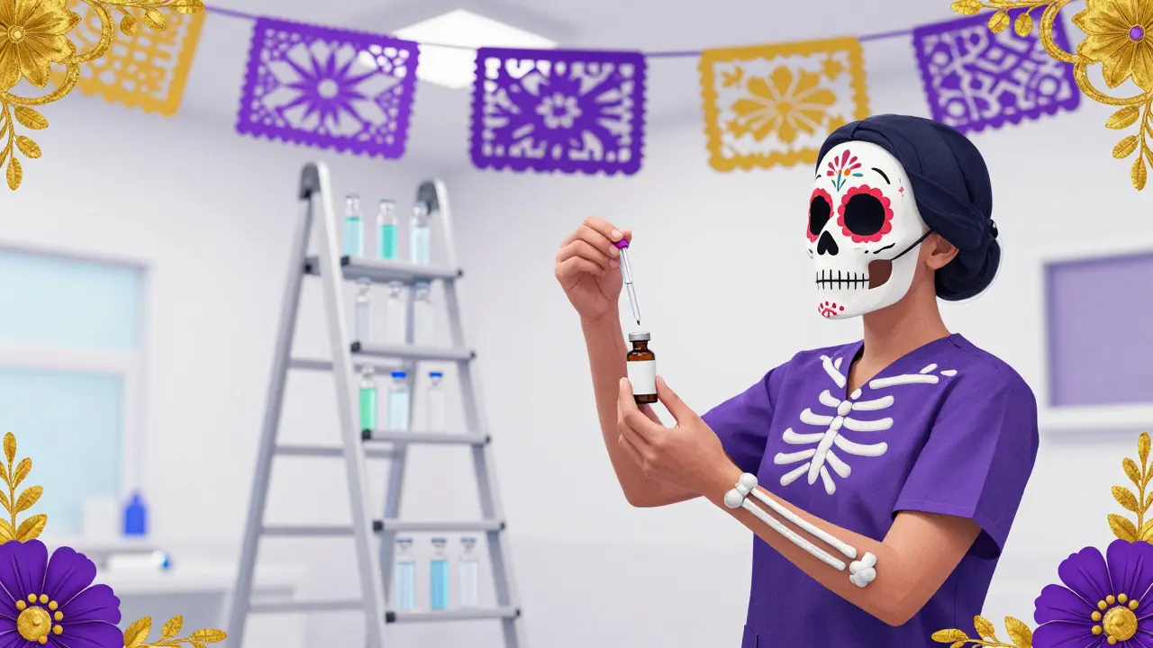 Nurse administering medicine in hospital room with floral decor