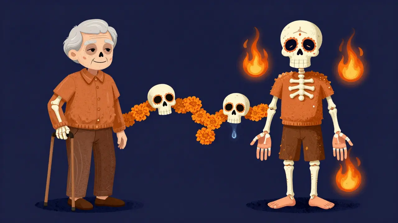 Split-body illustration comparing osteoarthritis and rheumatoid arthritis with symbolic elements.