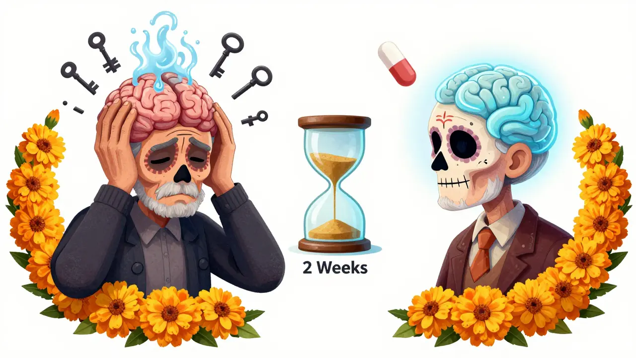 Split scene: one side shows a confused elderly man with a water-swollen brain, the other shows him healed with mirtazapine above him.