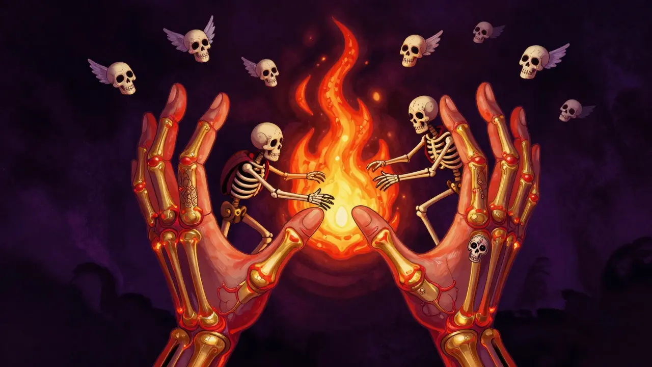 Symmetrical inflamed hands attacked by skeletal spirits, glowing joints in Day of the Dead style.
