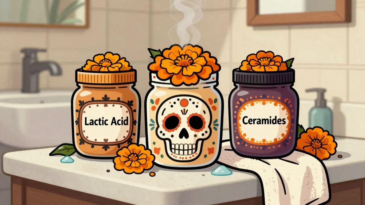 Three skull-decorated skincare jars with marigold petals on a bathroom counter.