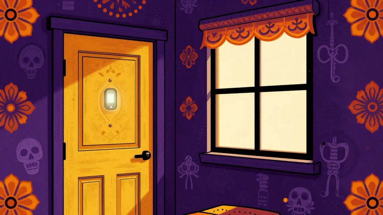 A bedroom door with a security alarm and a locked window in a colorful Day of the Dead art style.