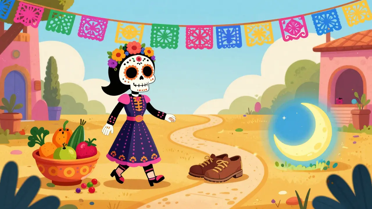 A cheerful skeleton walking a path with symbols of healthy food, exercise, and sleep