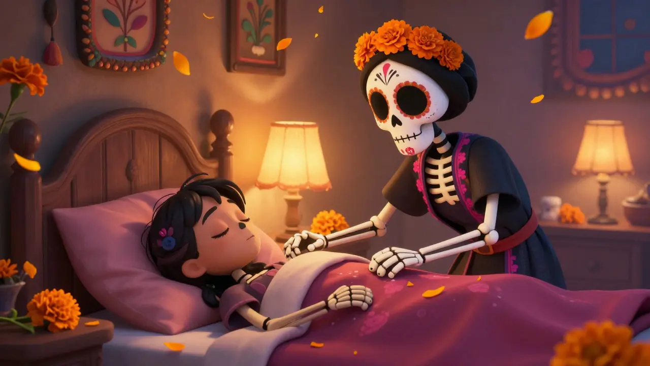 A friendly skeletal figure gently guiding a sleepwalker back to bed in a festive folk art style.