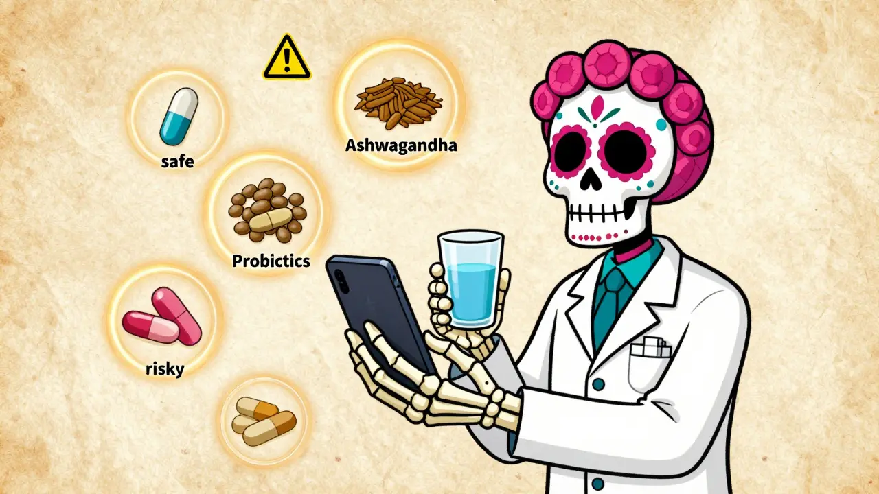 A friendly skeletal pharmacist guiding a patient on safe and risky supplements.
