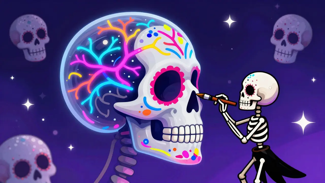 A stylized skeleton head with glowing, colorful neural pathways being painted by a small artist
