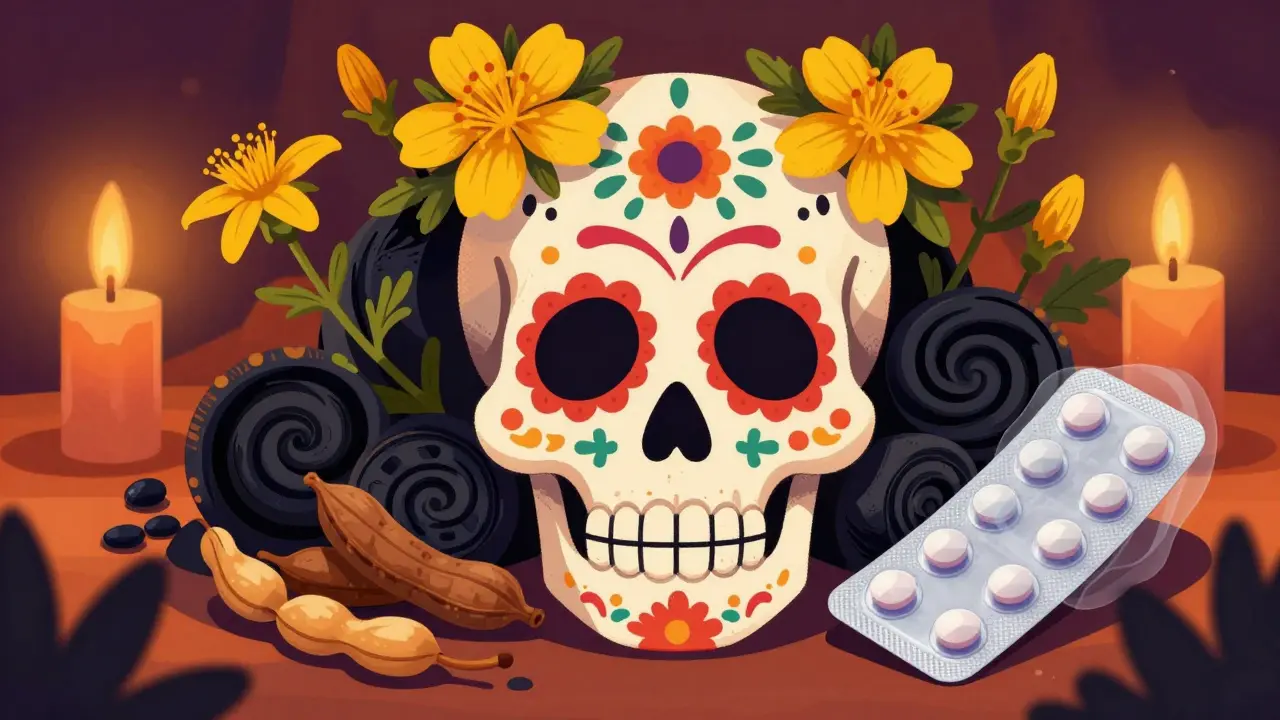 A sugar skull surrounded by St. John's Wort, charcoal, and soy in a folk art style.
