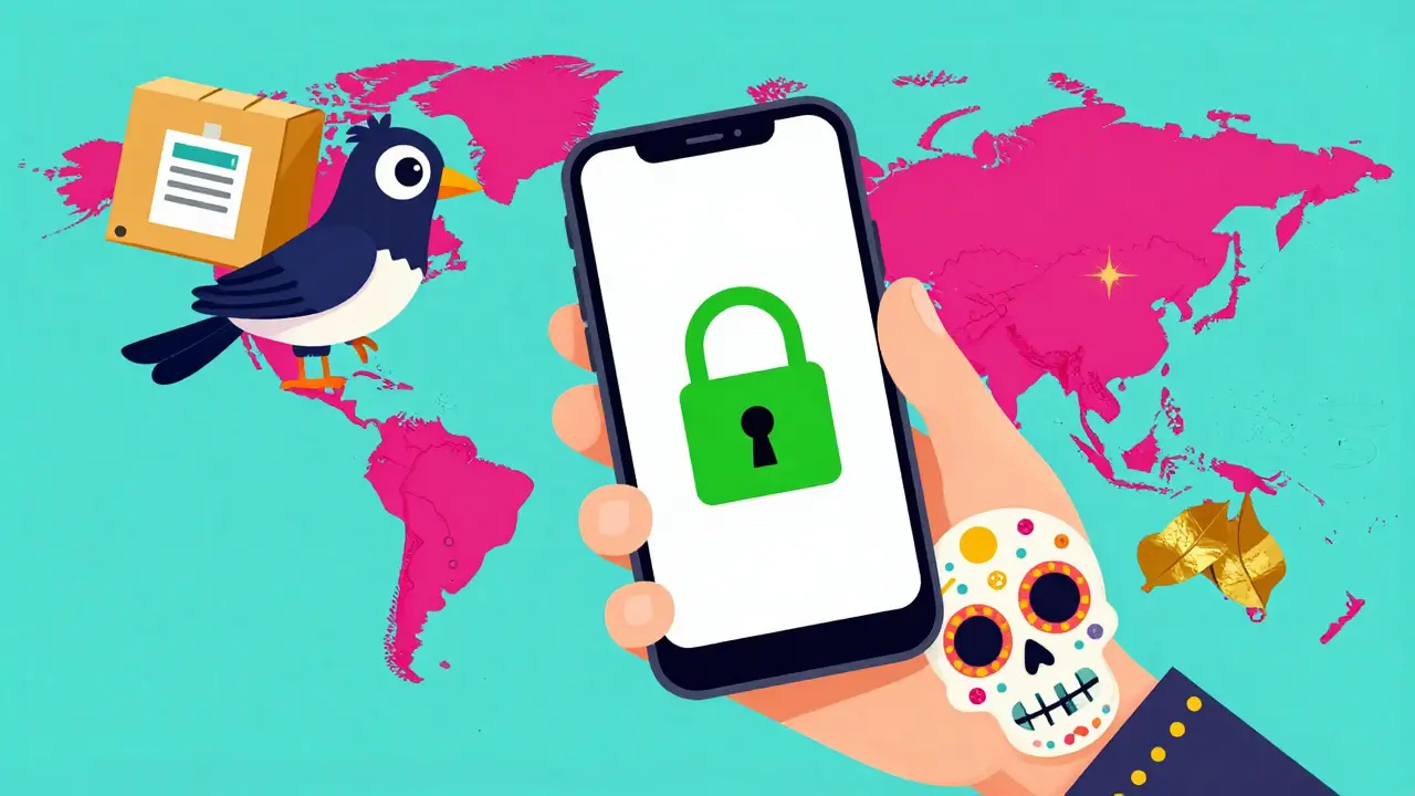 Patterned hand holding a phone with a security padlock and a colorful alebrije bird delivery.