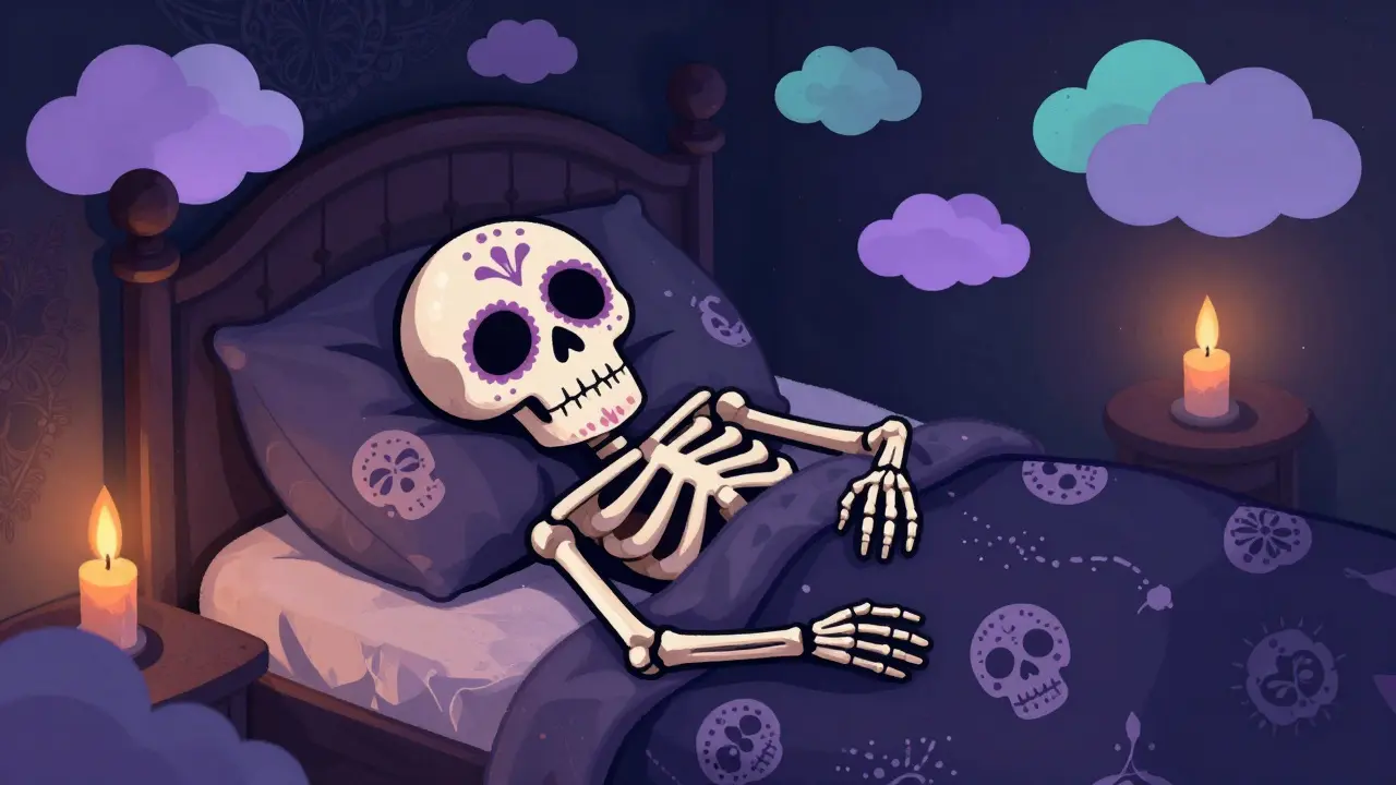 Peaceful skeleton sleeping soundly surrounded by calming lavender and teal clouds.