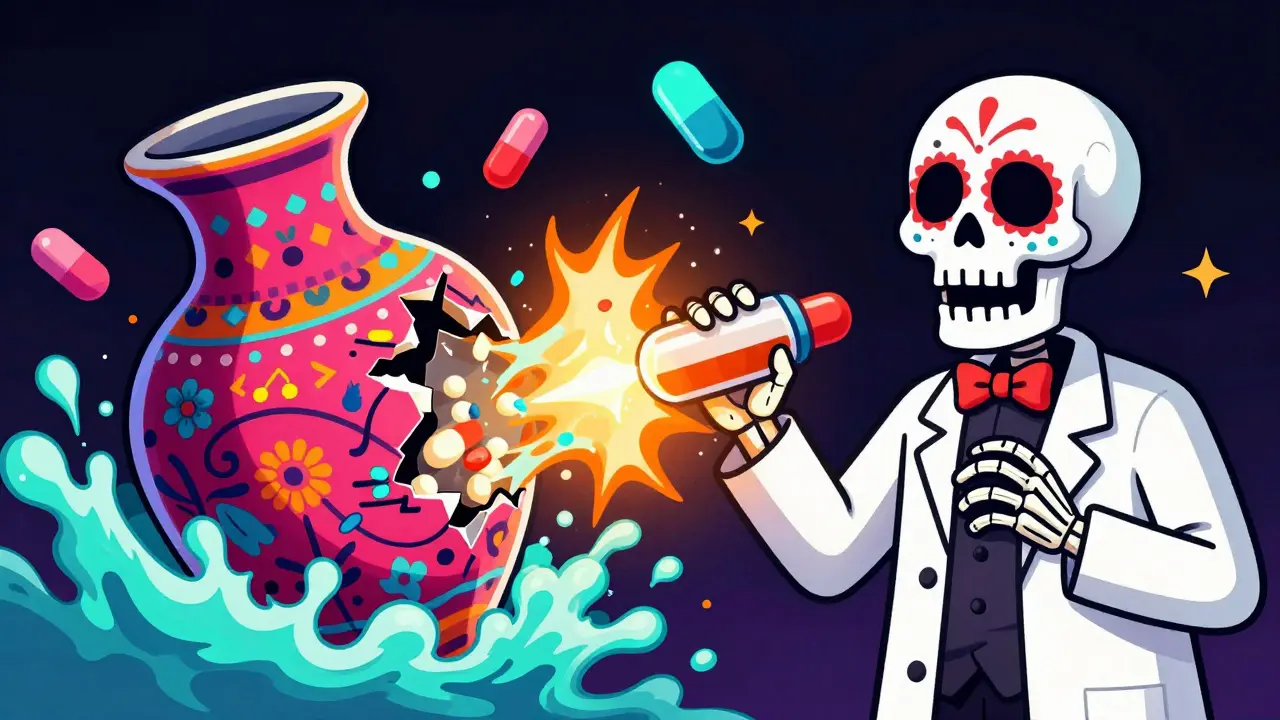 Shattering ornate pill releasing a flood of neon medication in a festive cartoon style.