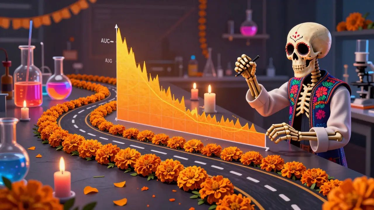 Skeleton scientist analyzing a marigold-shaped graph representing drug release phases.