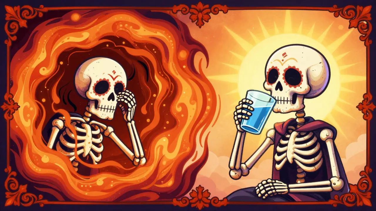 Split scene of a skeleton experiencing anxiety versus a calm morning routine.