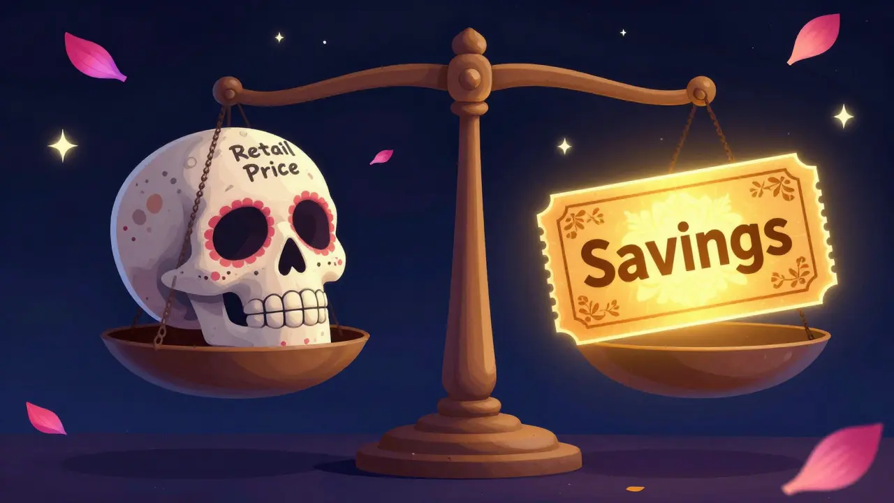 Sugar skull balance scale comparing a retail price coin with a golden discount coupon.